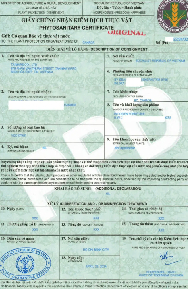 Phytosanitary Certificate
